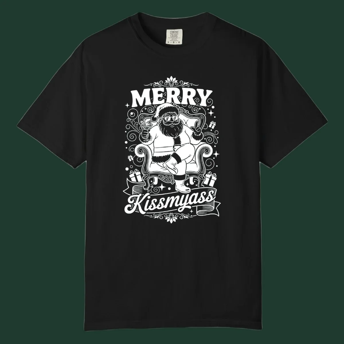 Illustration of Santa Claus with sunglasses holding a cocktail, text says Merry Kissmyass.