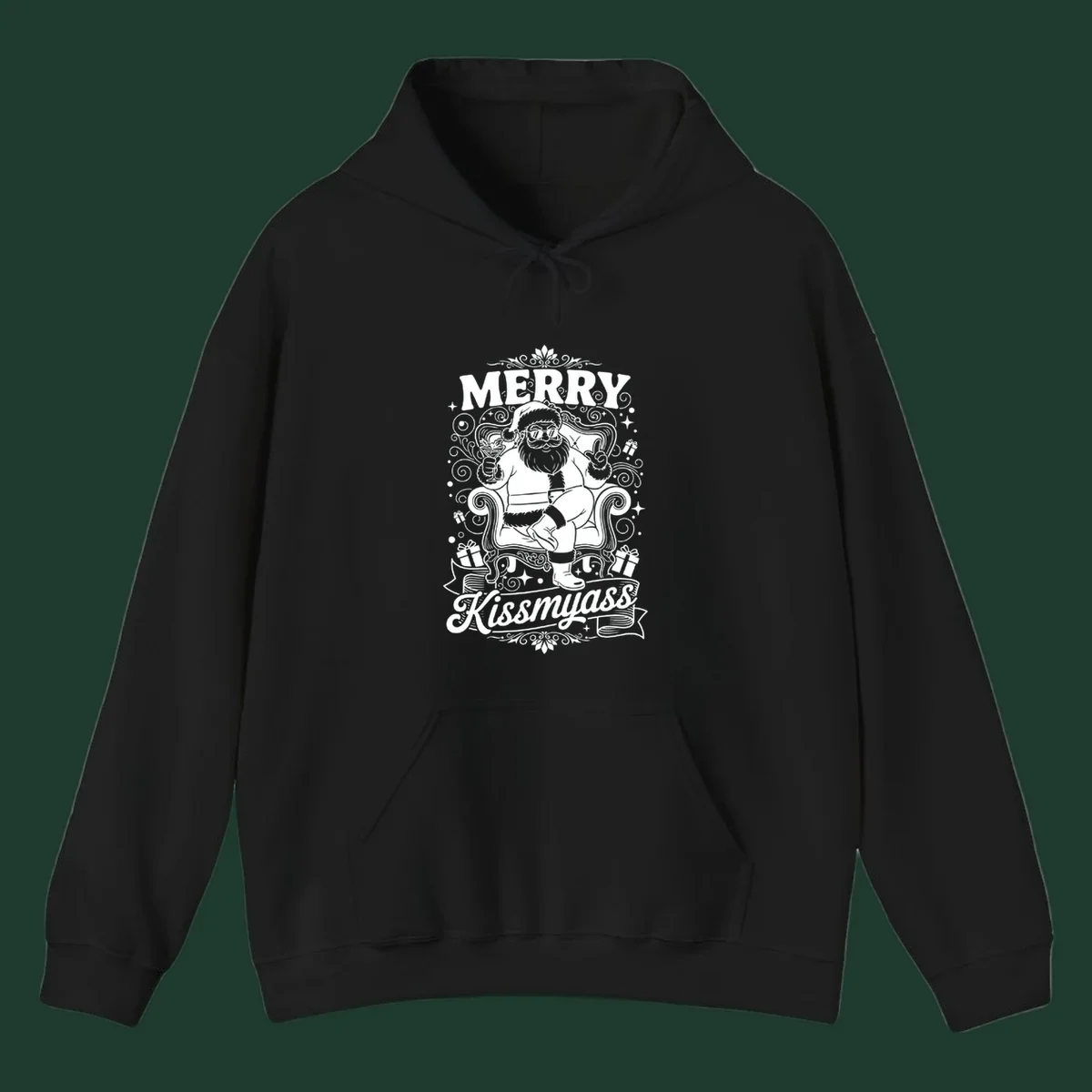 Illustration of Santa Claus with sunglasses holding a cocktail, text says Merry Kissmyass.