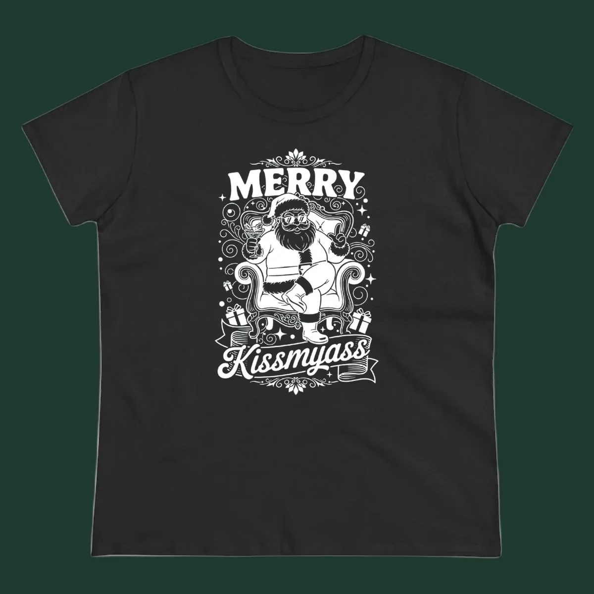 Illustration of Santa Claus with sunglasses holding a cocktail, text says Merry Kissmyass.