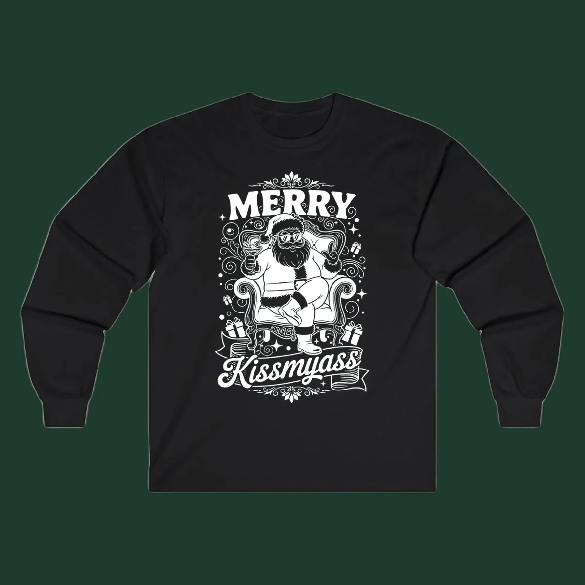 Illustration of Santa Claus with sunglasses holding a cocktail, text says Merry Kissmyass.