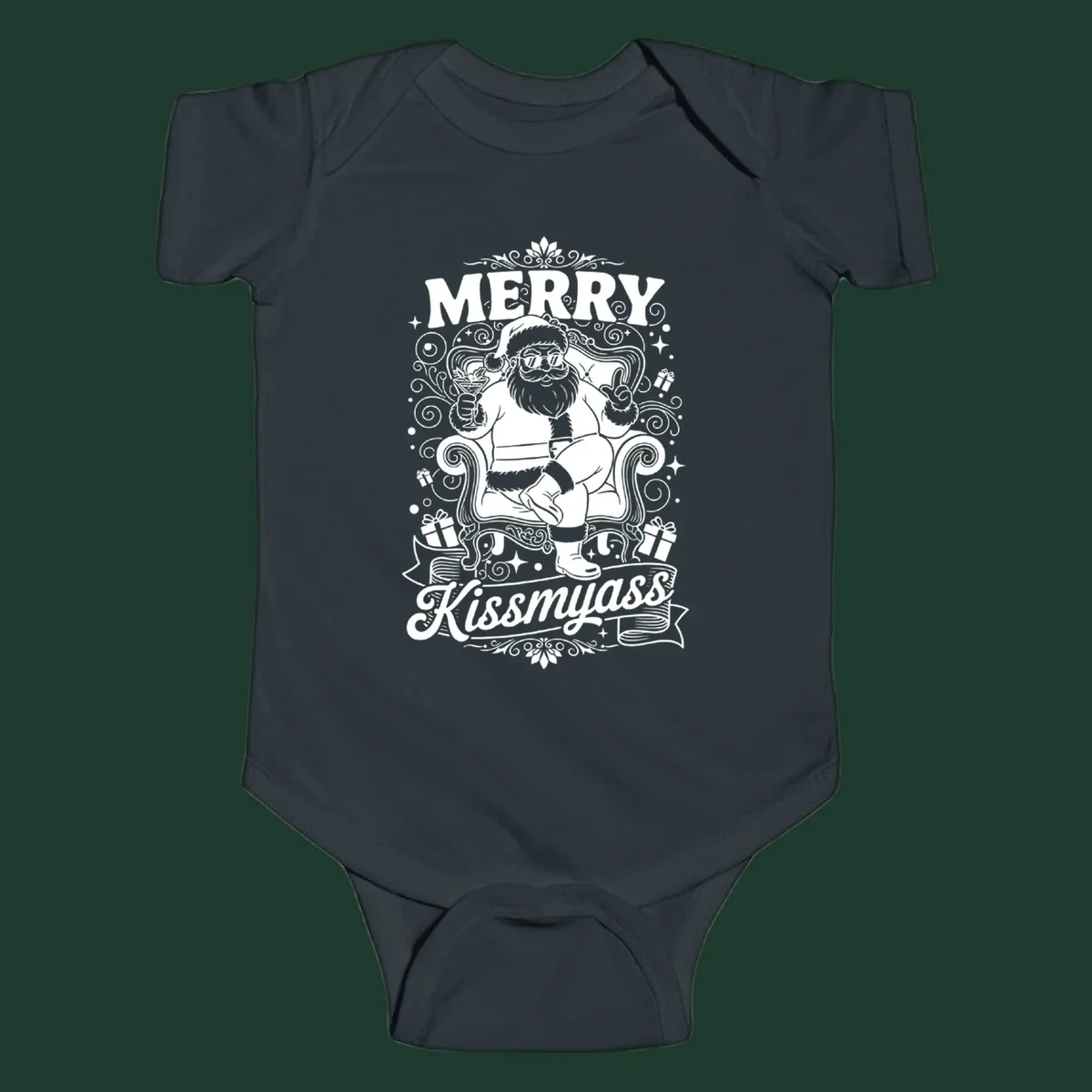 Illustration of Santa Claus with sunglasses holding a cocktail, text says Merry Kissmyass.