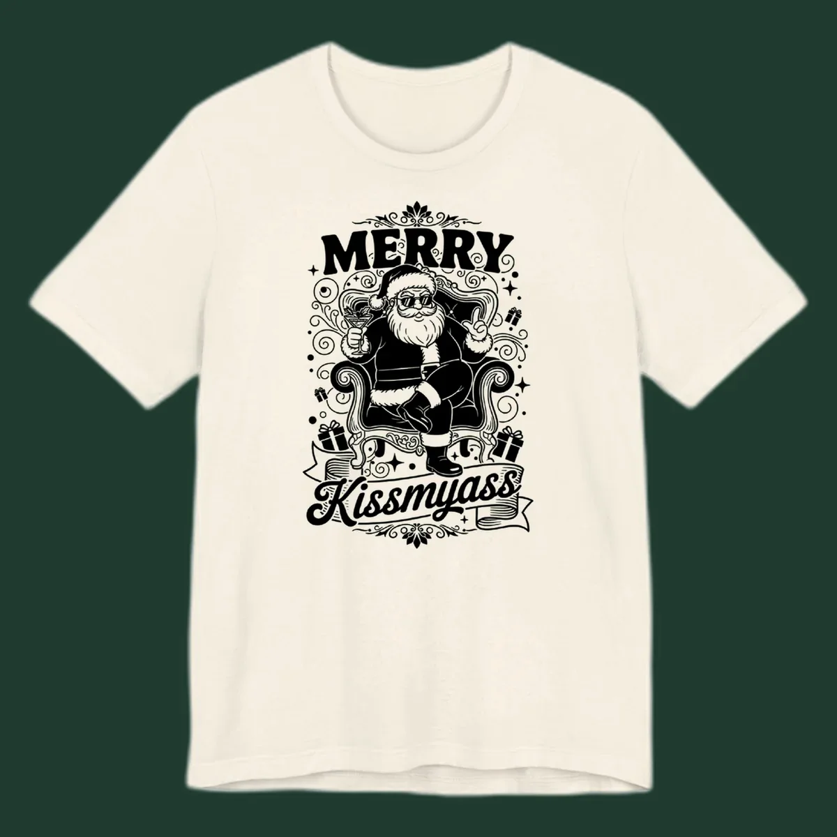 Illustration of Santa Claus with sunglasses holding a cocktail, text says Merry Kissmyass.