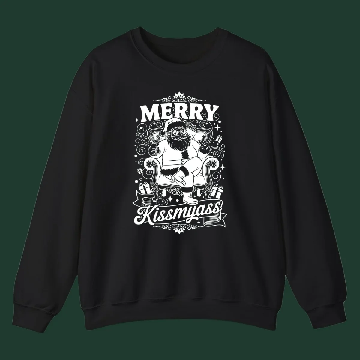 Illustration of Santa Claus with sunglasses holding a cocktail, text says Merry Kissmyass.