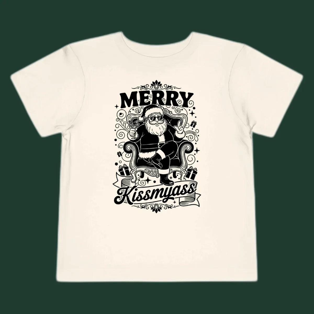 Illustration of Santa Claus with sunglasses holding a cocktail, text says Merry Kissmyass.
