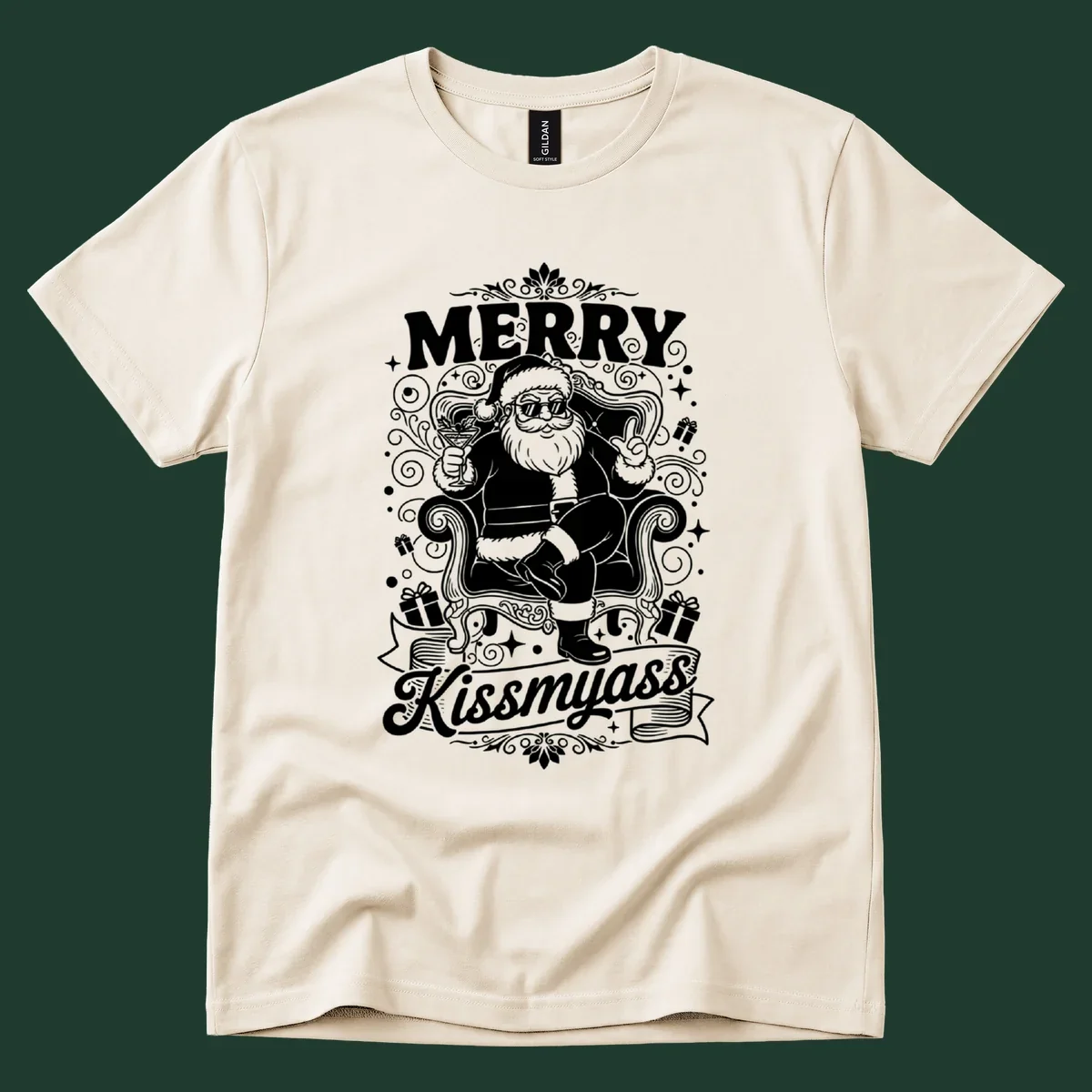Illustration of Santa Claus with sunglasses holding a cocktail, text says Merry Kissmyass.