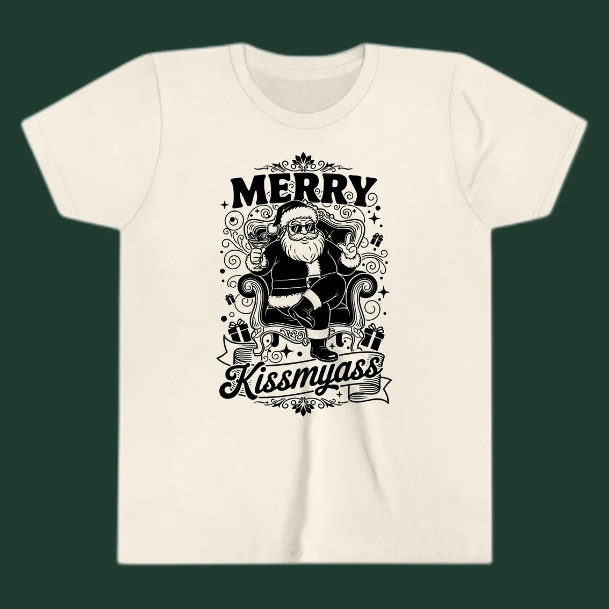 Illustration of Santa Claus with sunglasses holding a cocktail, text says Merry Kissmyass.