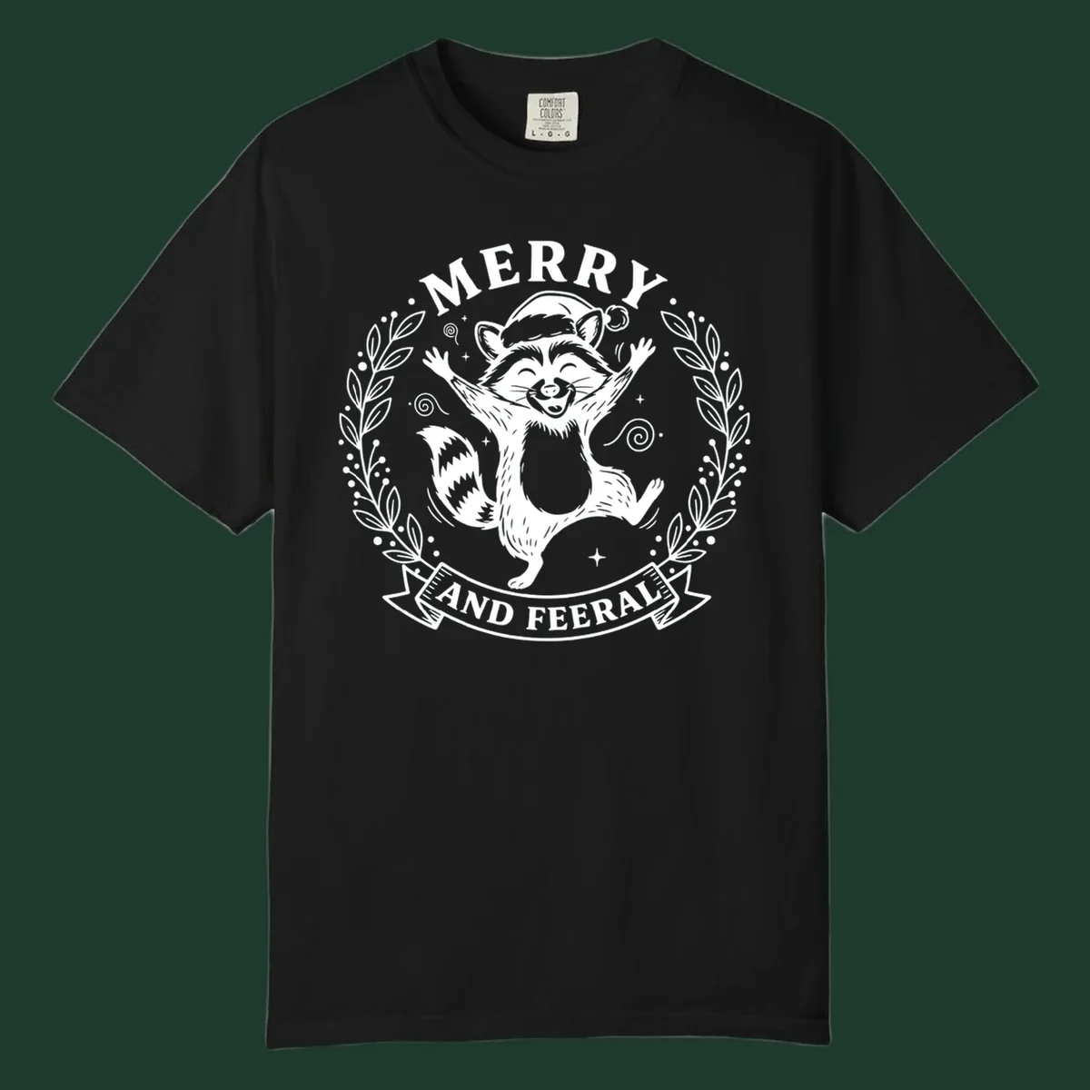 Merry and feral raccoon illustration with Santa hat and wreath. Christmas design.