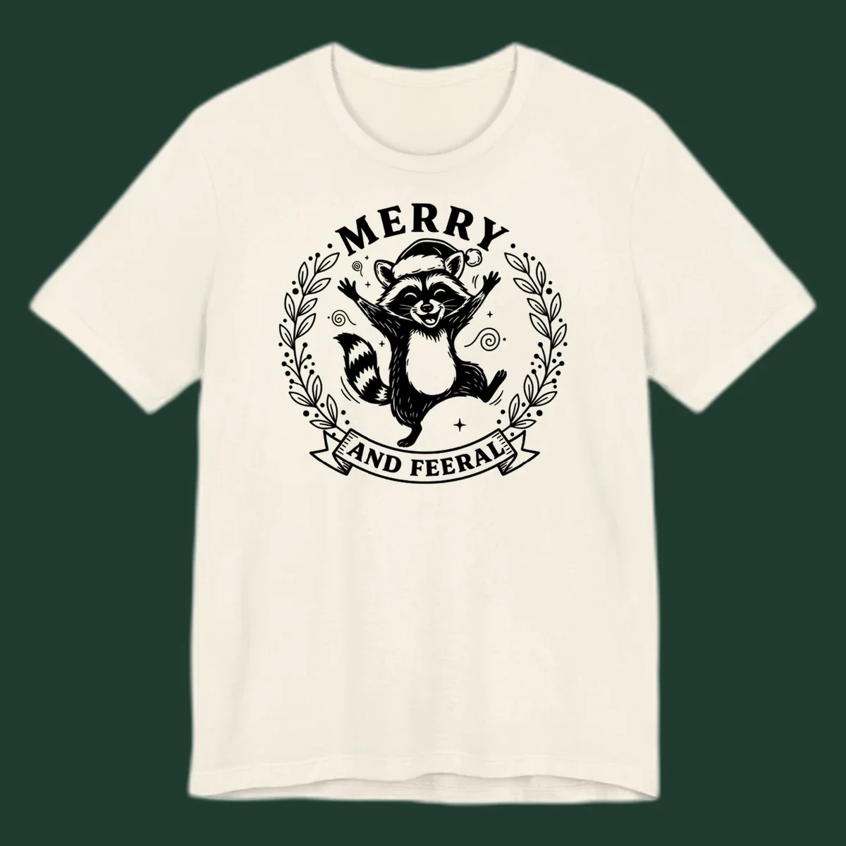 Merry and feral raccoon illustration with Santa hat and wreath. Christmas design.