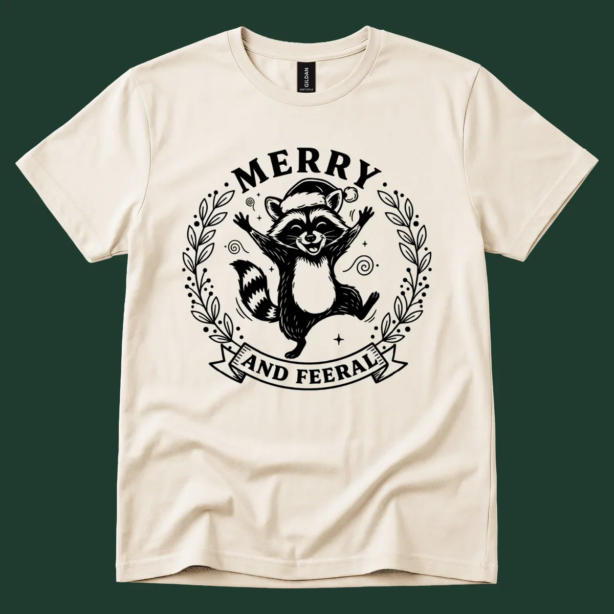 Merry and feral raccoon illustration with Santa hat and wreath. Christmas design.