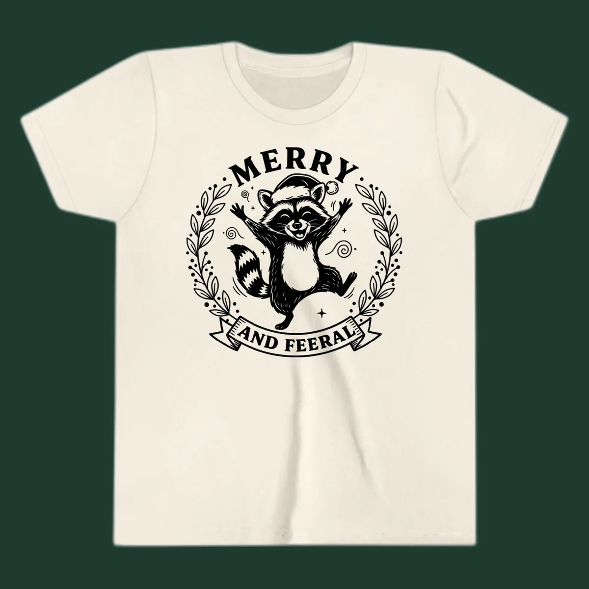 Merry and feral raccoon illustration with Santa hat and wreath. Christmas design.