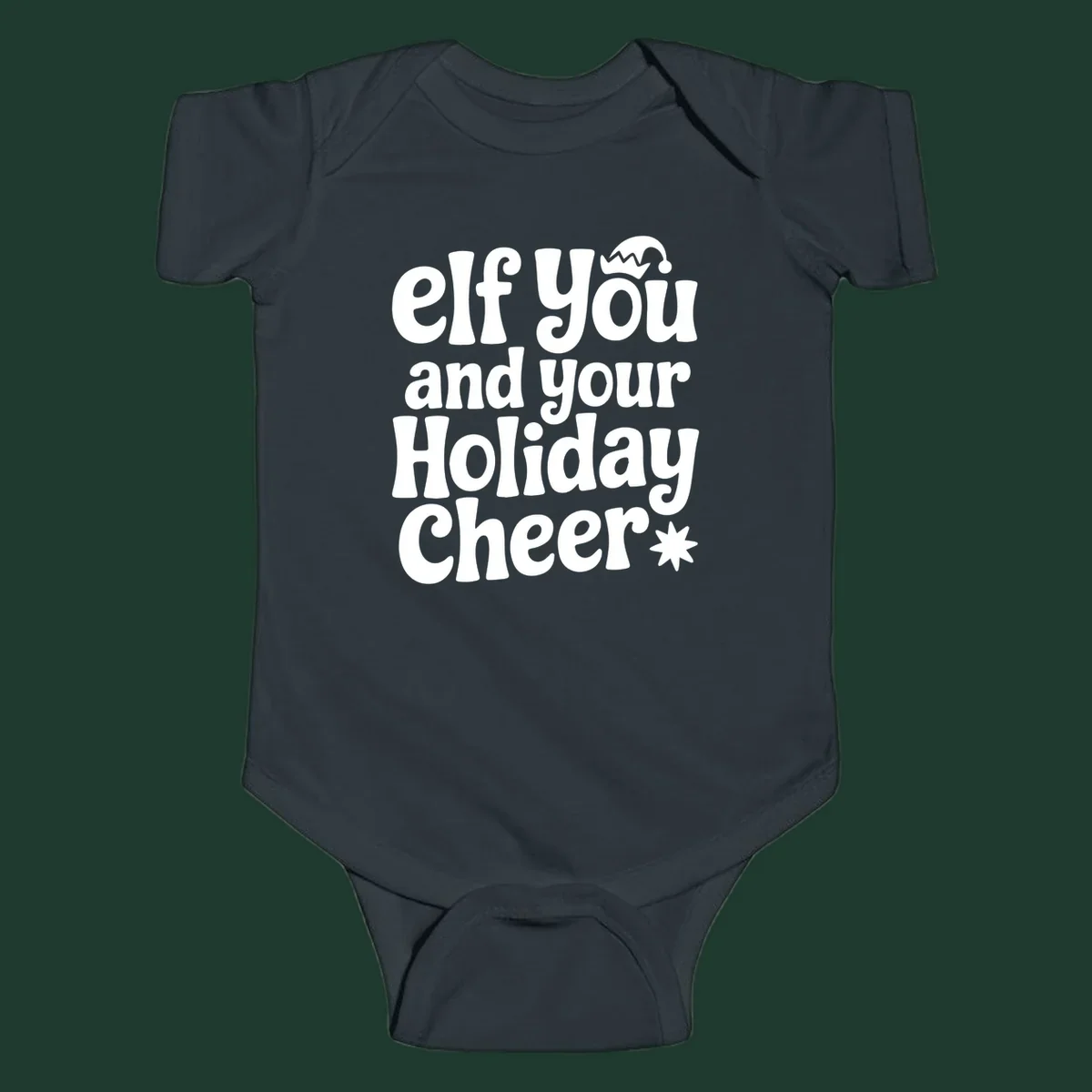 Elf You And Your Holiday Cheer text design with elf hat and starburst.