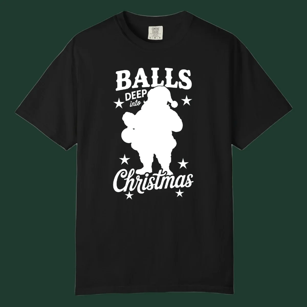 Balls deep into Christmas design with Santa silhouette and stars.