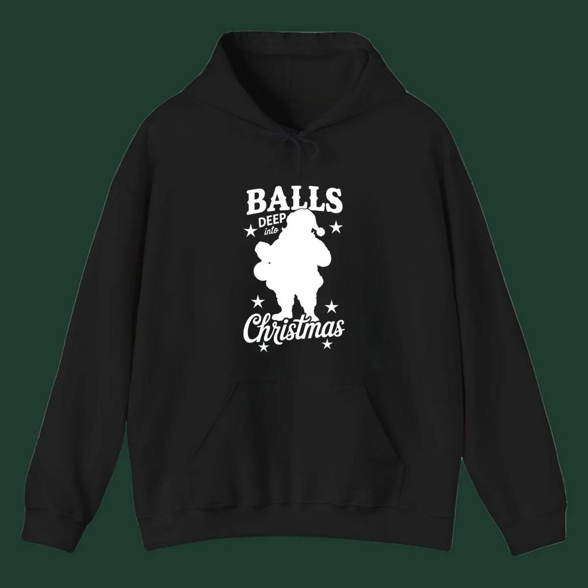 Balls deep into Christmas design with Santa silhouette and stars.