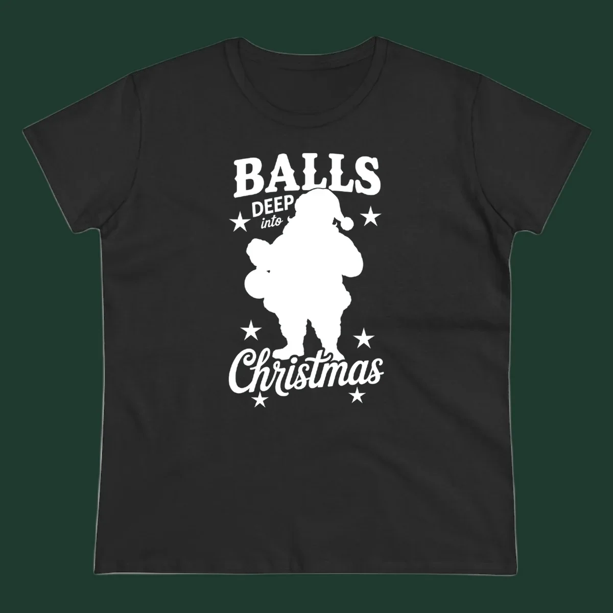 Balls deep into Christmas design with Santa silhouette and stars.