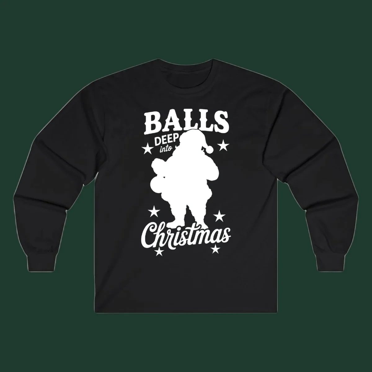 Balls deep into Christmas design with Santa silhouette and stars.