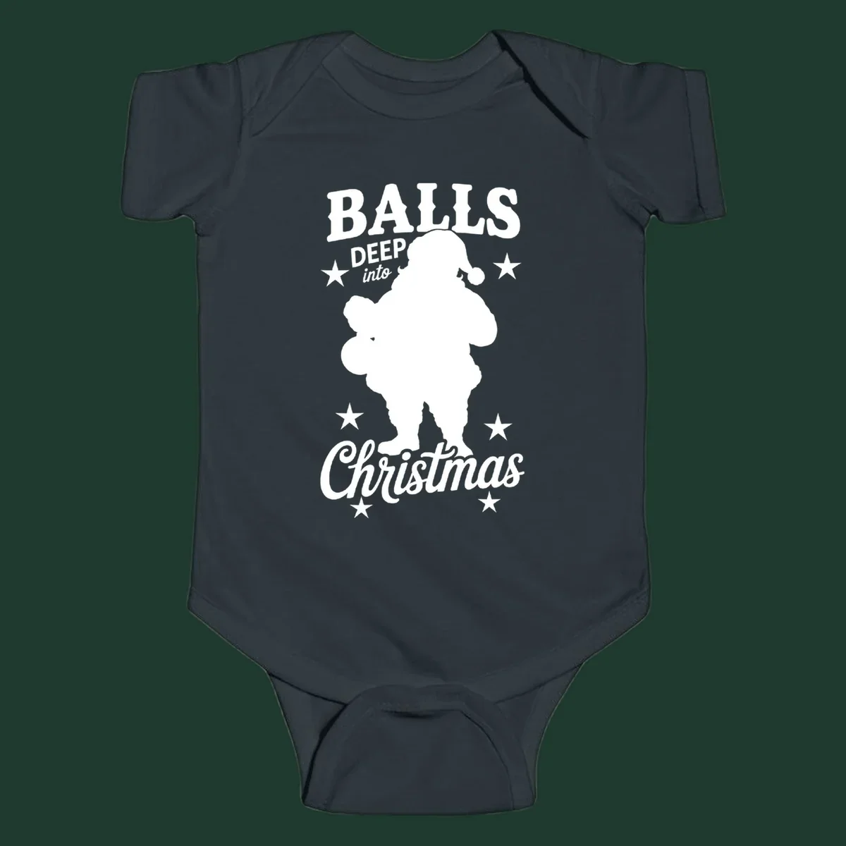 Balls deep into Christmas design with Santa silhouette and stars.