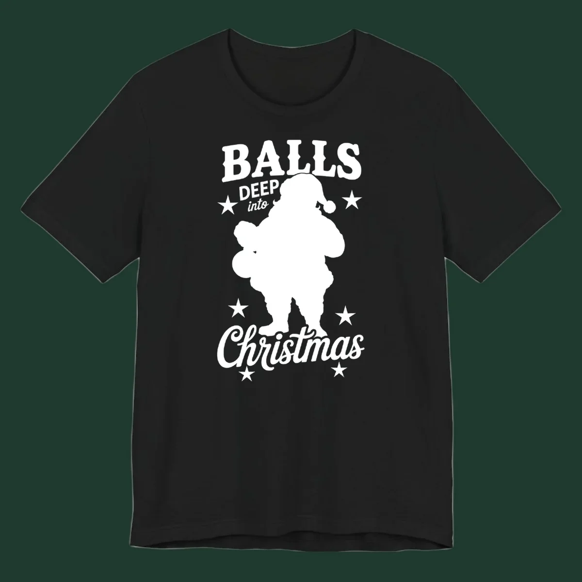Balls deep into Christmas design with Santa silhouette and stars.
