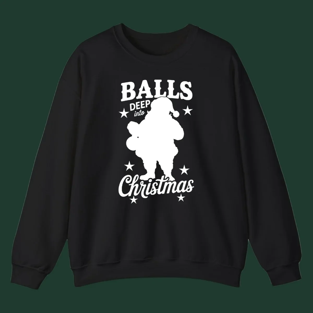 Balls deep into Christmas design with Santa silhouette and stars.
