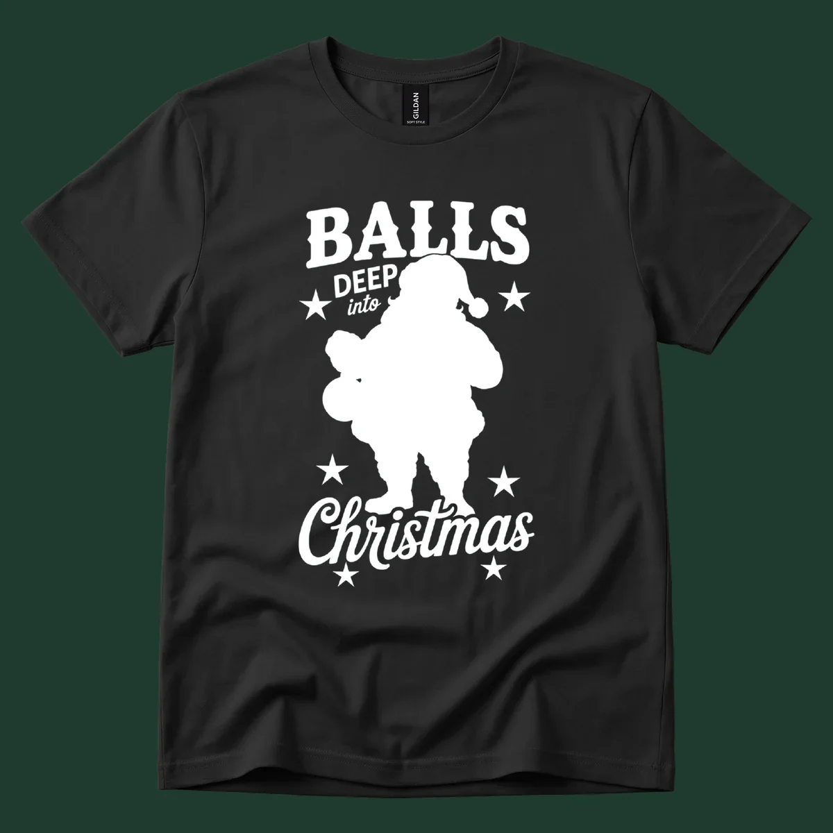 Balls deep into Christmas design with Santa silhouette and stars.