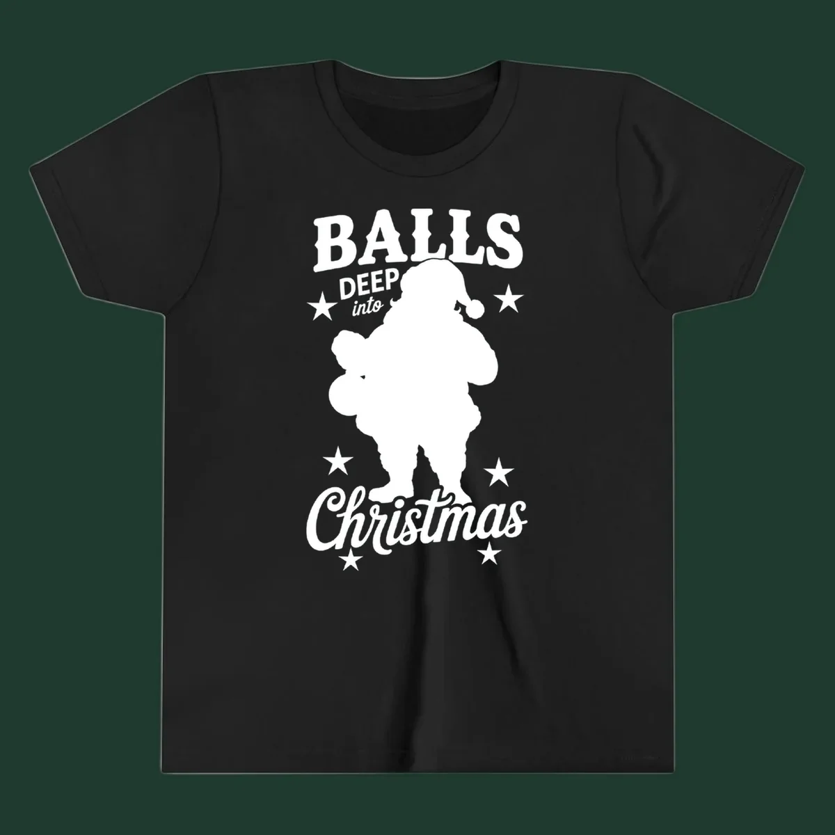 Balls deep into Christmas design with Santa silhouette and stars.