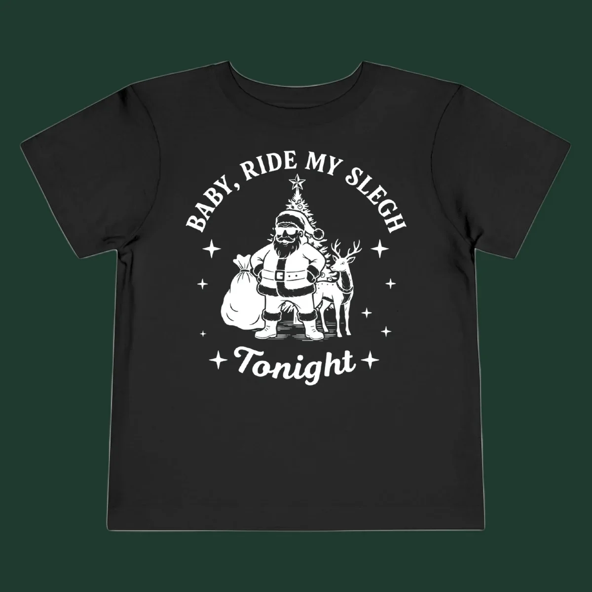 Baby, ride my sleigh tonight graphic featuring Santa, reindeer, and Christmas tree.