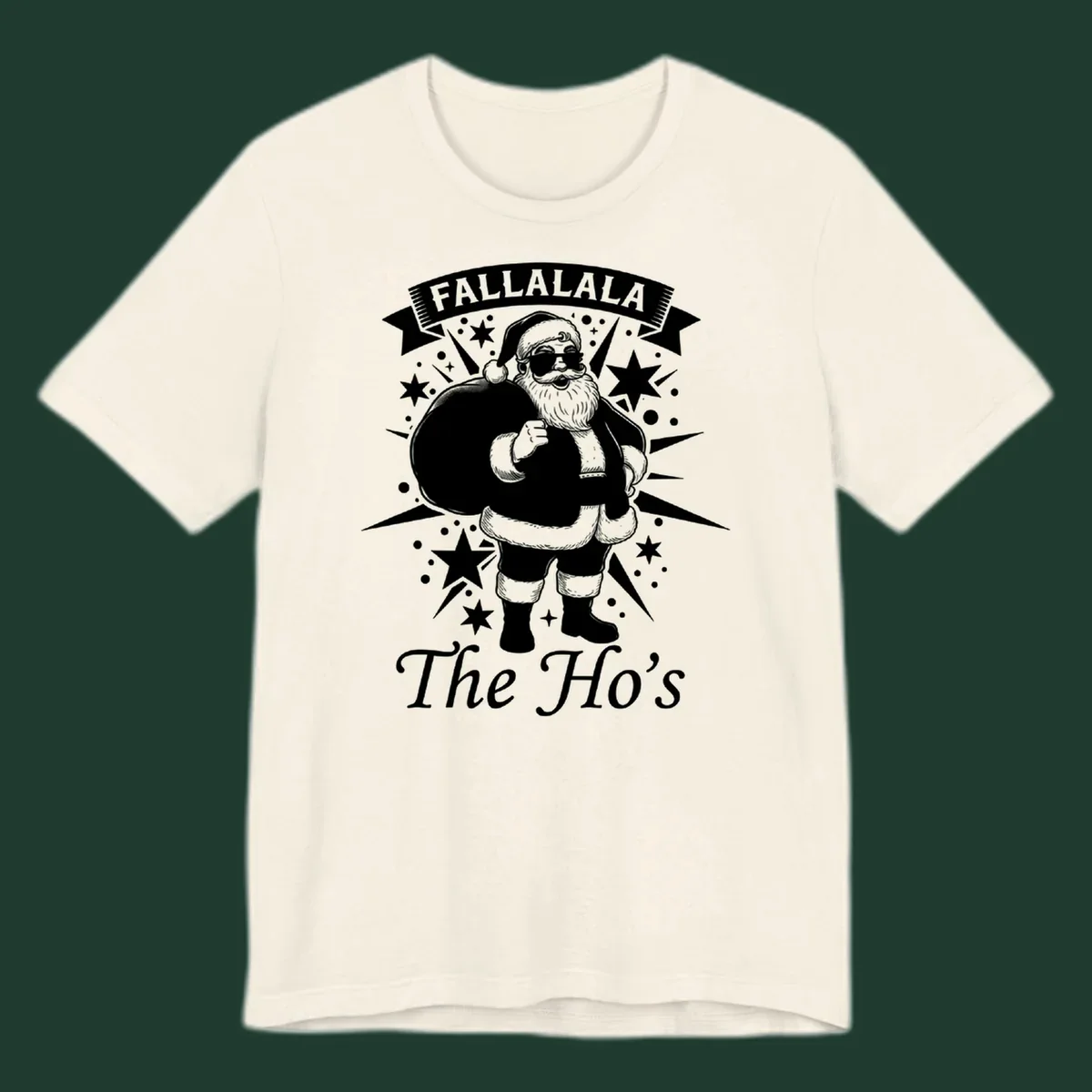 Illustration of Santa Claus with 'FALLALALA The Ho's' text, black and white graphic.