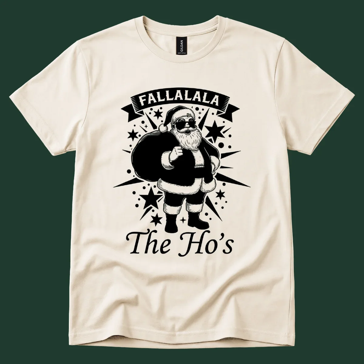 Illustration of Santa Claus with 'FALLALALA The Ho's' text, black and white graphic.
