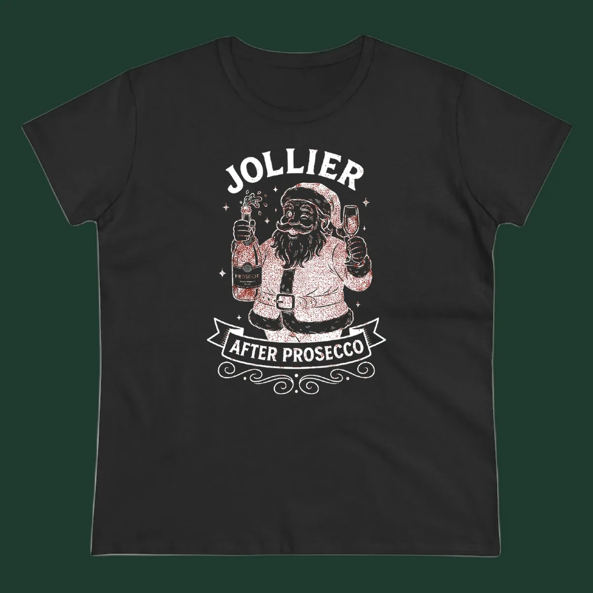 Santa Claus holding prosecco bottle and glass with text 'Jollier After Prosecco'.