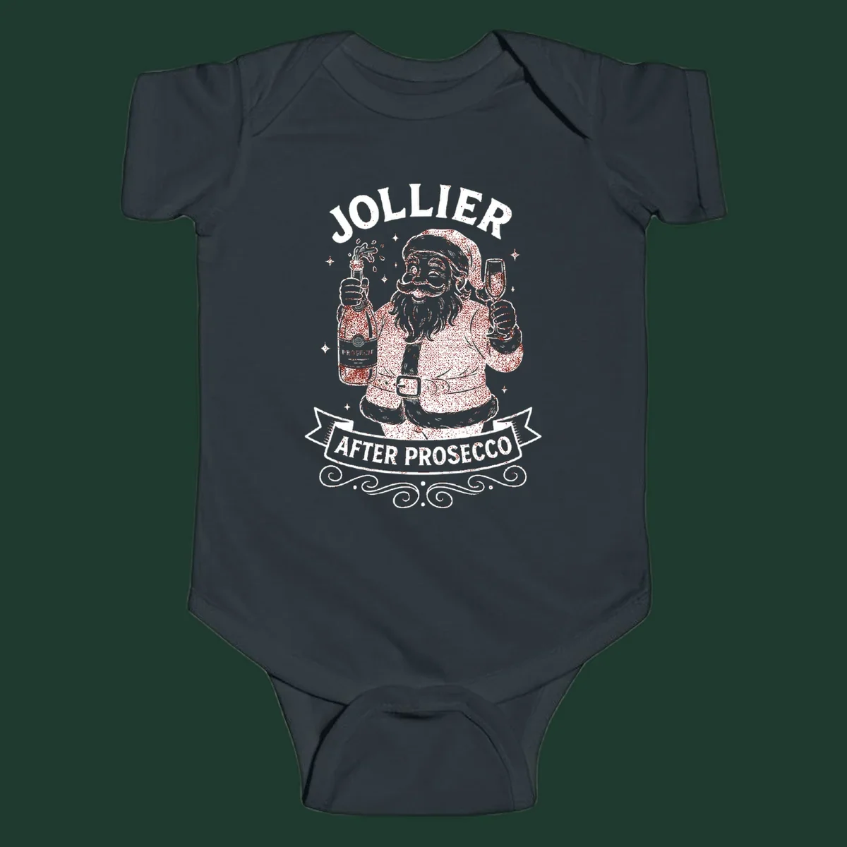 Santa Claus holding prosecco bottle and glass with text 'Jollier After Prosecco'.