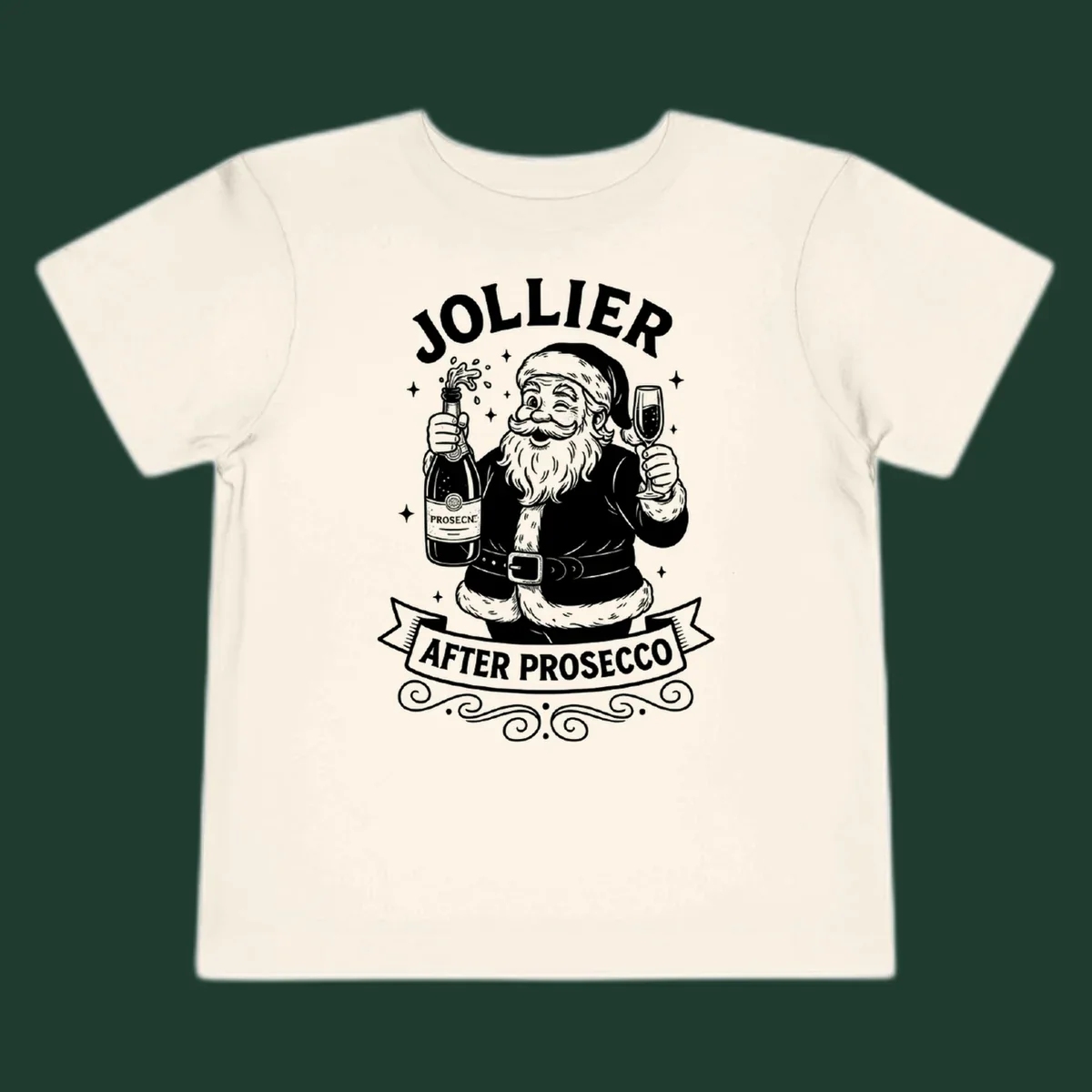 Santa Claus holding prosecco bottle and glass with text 'Jollier After Prosecco'.
