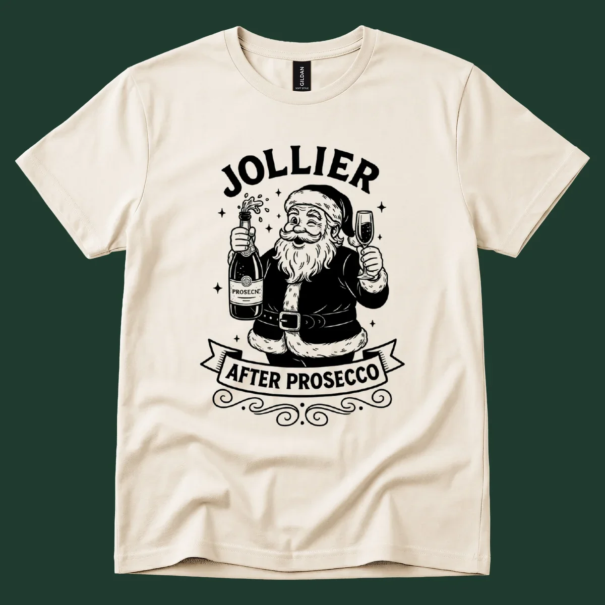 Santa Claus holding prosecco bottle and glass with text 'Jollier After Prosecco'.