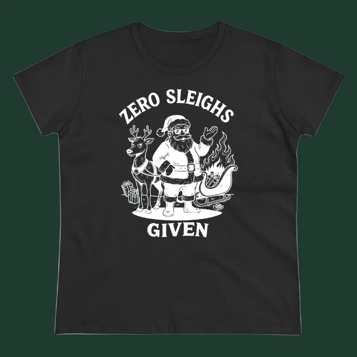 Zero sleighs given graphic tee with cool Santa, reindeer, and flaming sleigh.