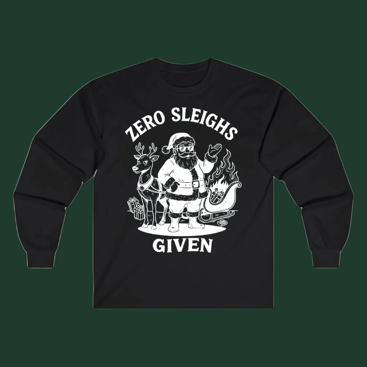 Zero sleighs given graphic tee with cool Santa, reindeer, and flaming sleigh.