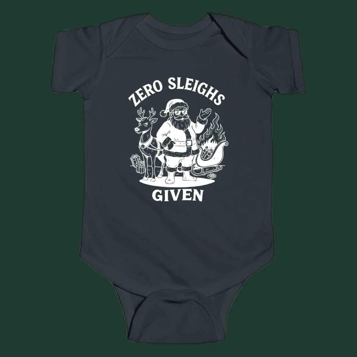 Zero sleighs given graphic tee with cool Santa, reindeer, and flaming sleigh.