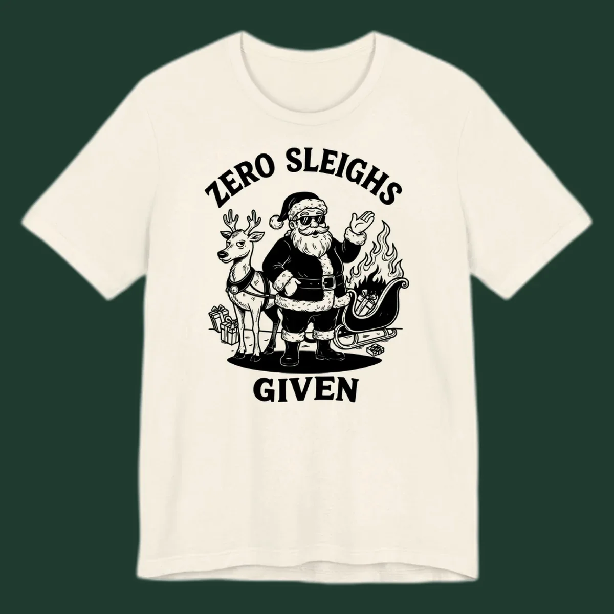 Zero sleighs given graphic tee with cool Santa, reindeer, and flaming sleigh.