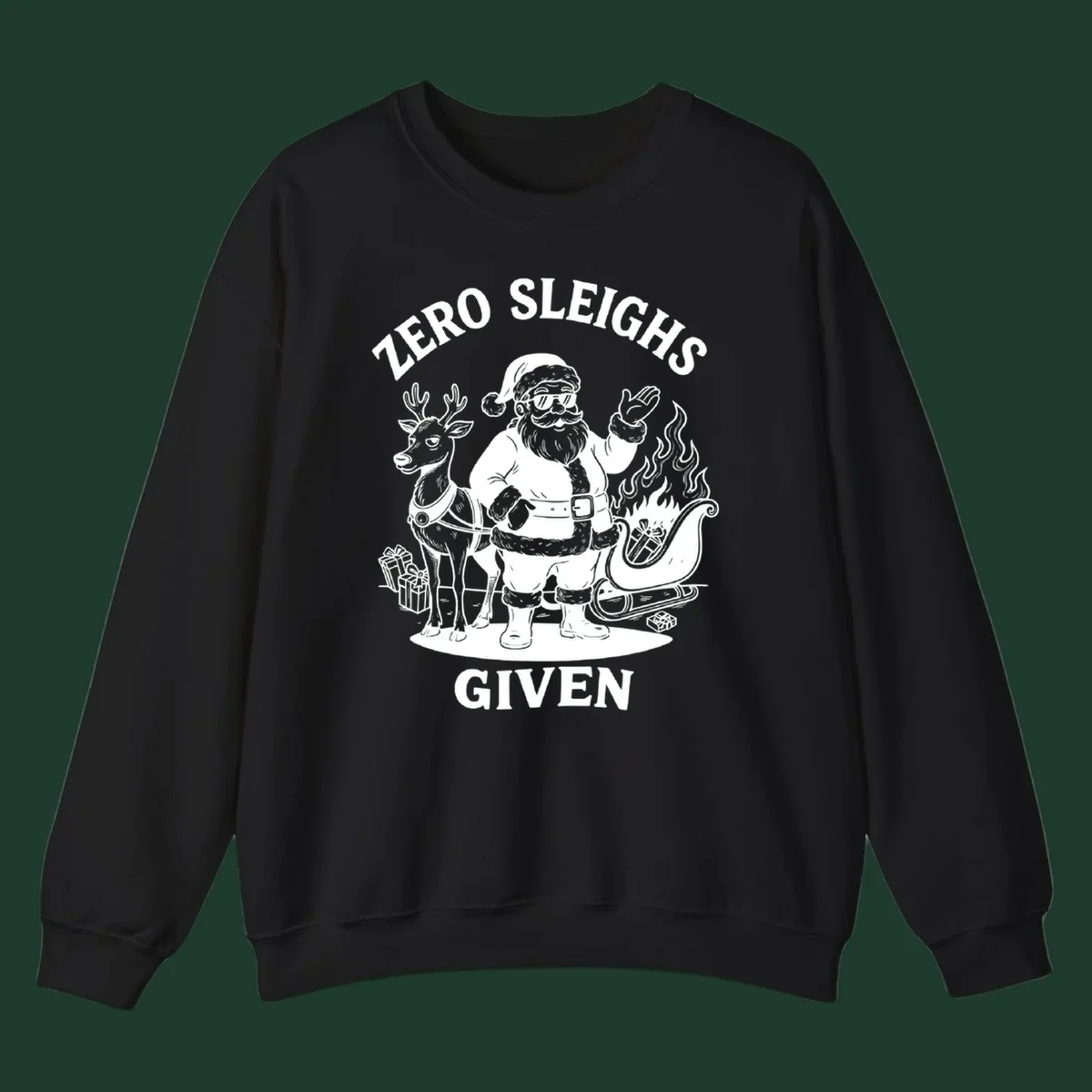 Zero sleighs given graphic tee with cool Santa, reindeer, and flaming sleigh.