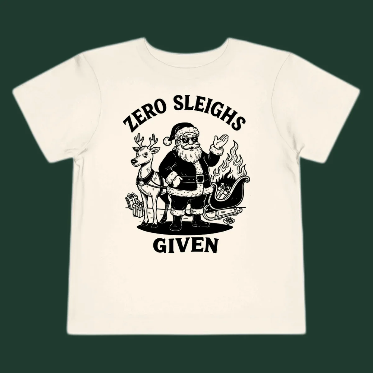 Zero sleighs given graphic tee with cool Santa, reindeer, and flaming sleigh.