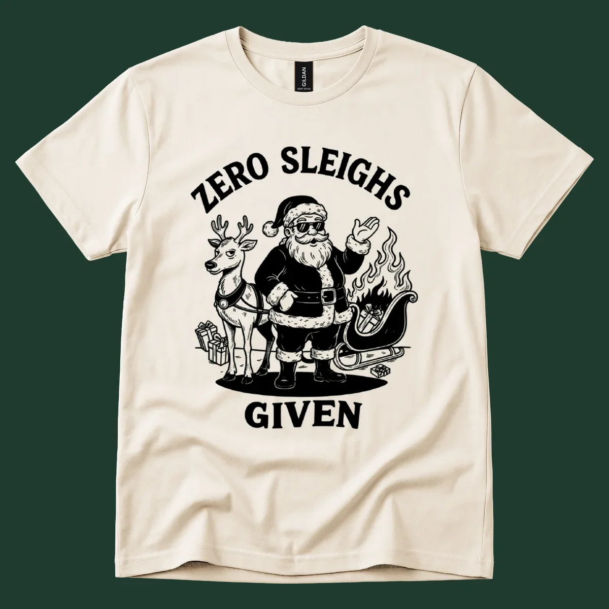 Zero sleighs given graphic tee with cool Santa, reindeer, and flaming sleigh.