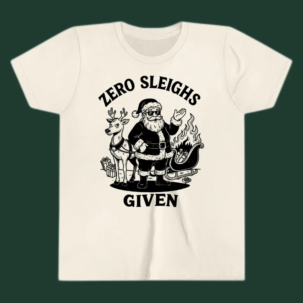 Zero sleighs given graphic tee with cool Santa, reindeer, and flaming sleigh.