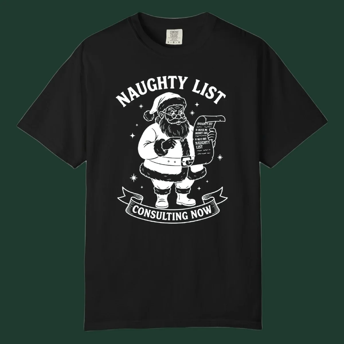 Illustration of Santa Claus pointing to his naughty list, with text "Naughty List Consulting Now".
