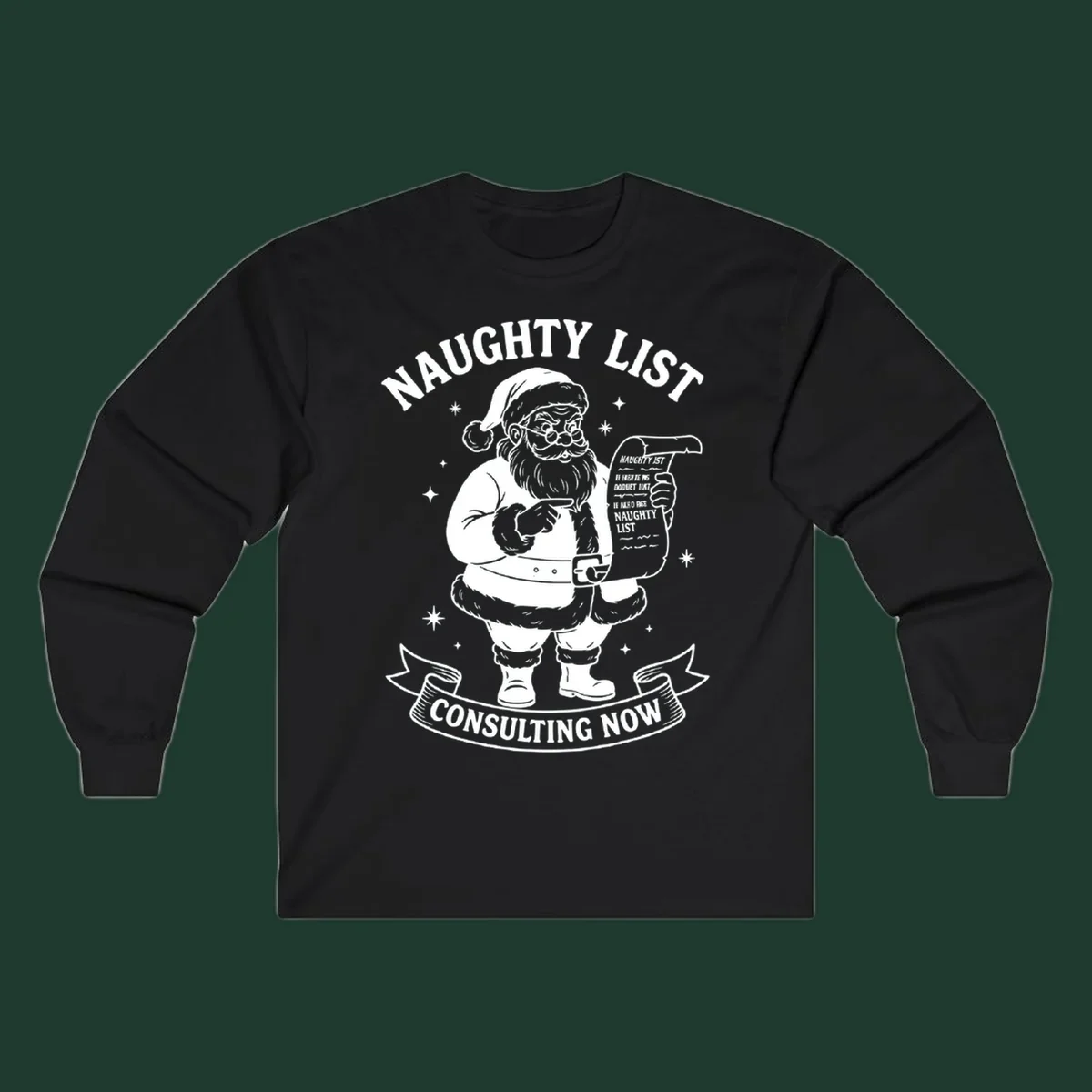 Illustration of Santa Claus pointing to his naughty list, with text "Naughty List Consulting Now".