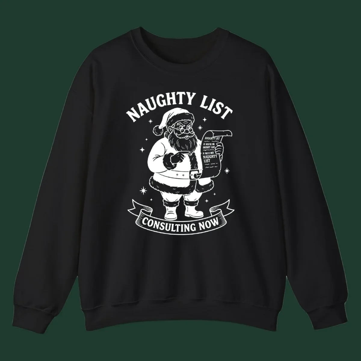 Illustration of Santa Claus pointing to his naughty list, with text "Naughty List Consulting Now".