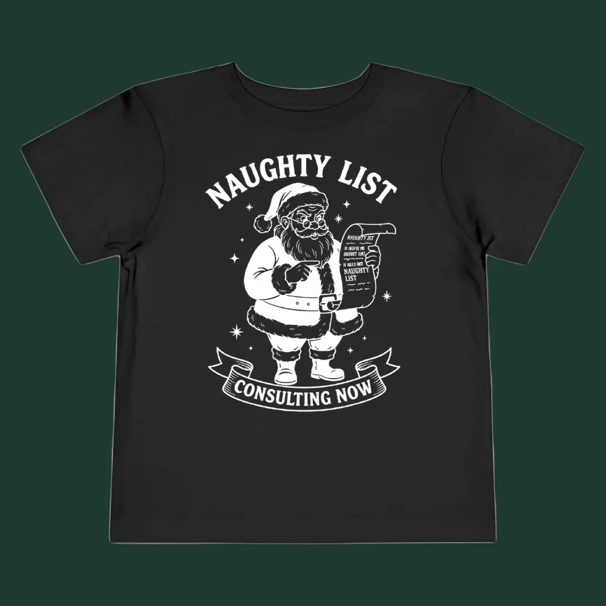 Illustration of Santa Claus pointing to his naughty list, with text "Naughty List Consulting Now".