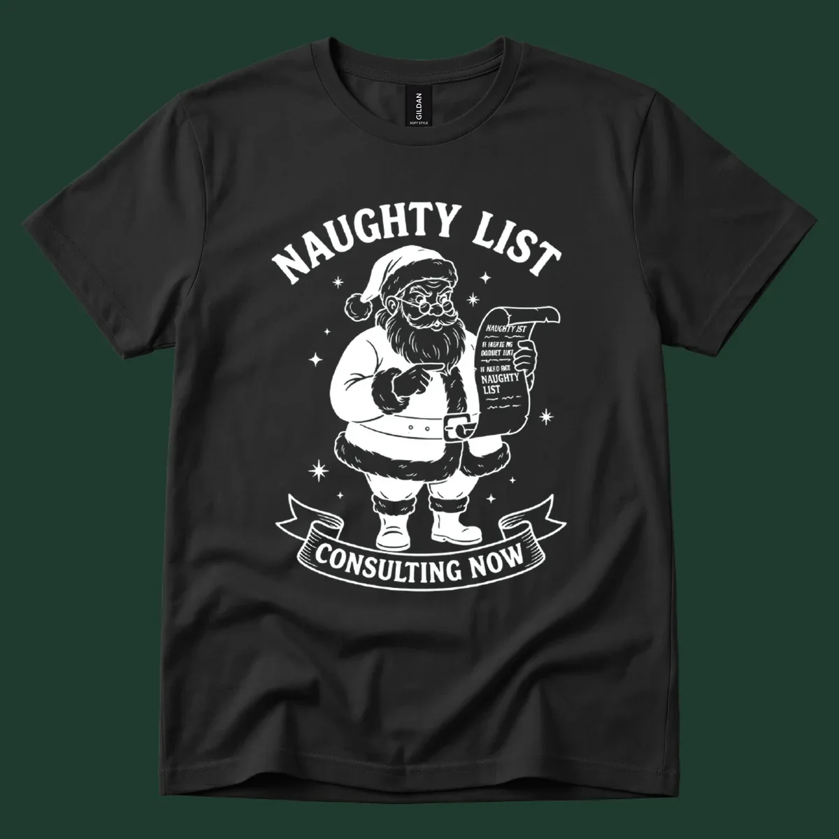 Illustration of Santa Claus pointing to his naughty list, with text "Naughty List Consulting Now".