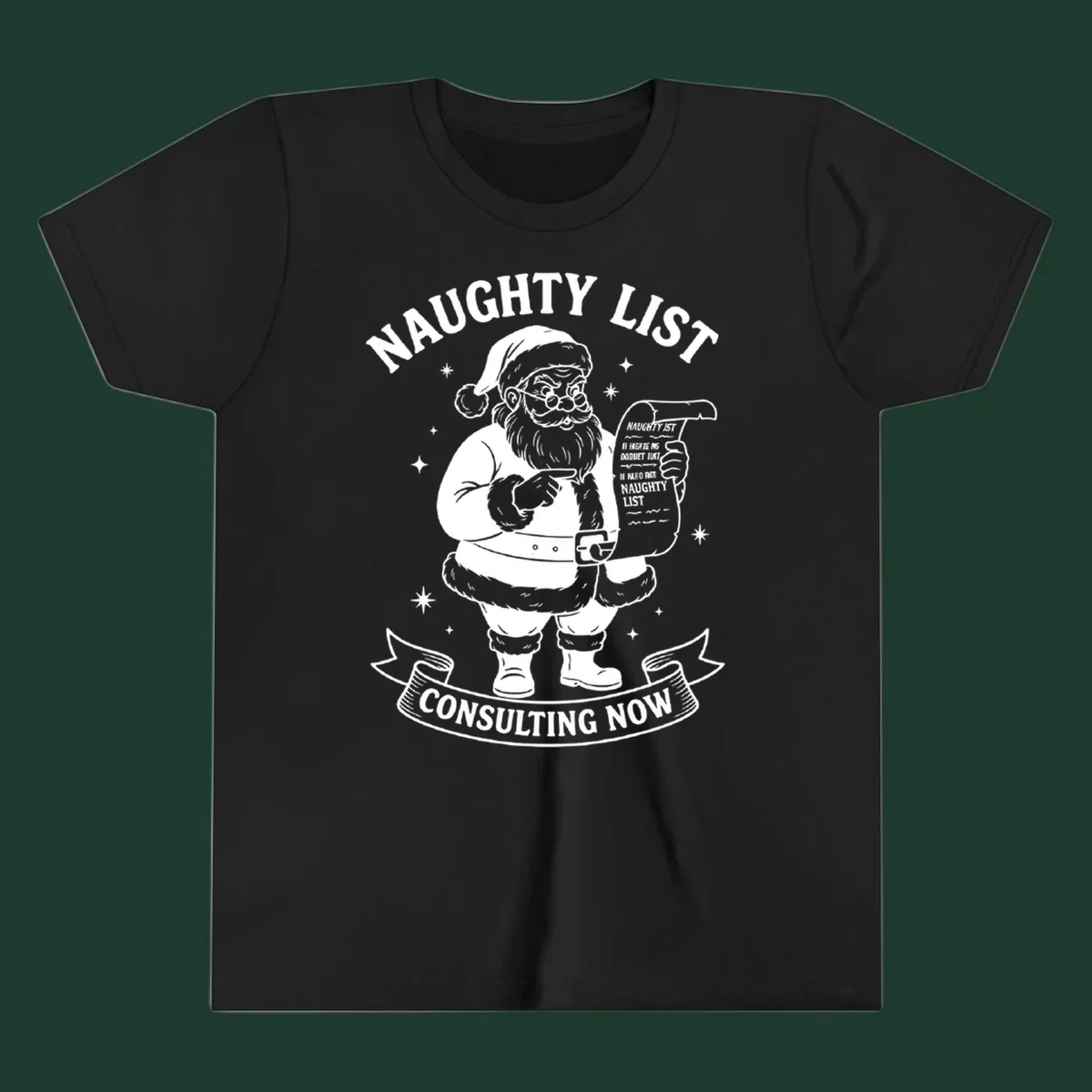 Illustration of Santa Claus pointing to his naughty list, with text "Naughty List Consulting Now".