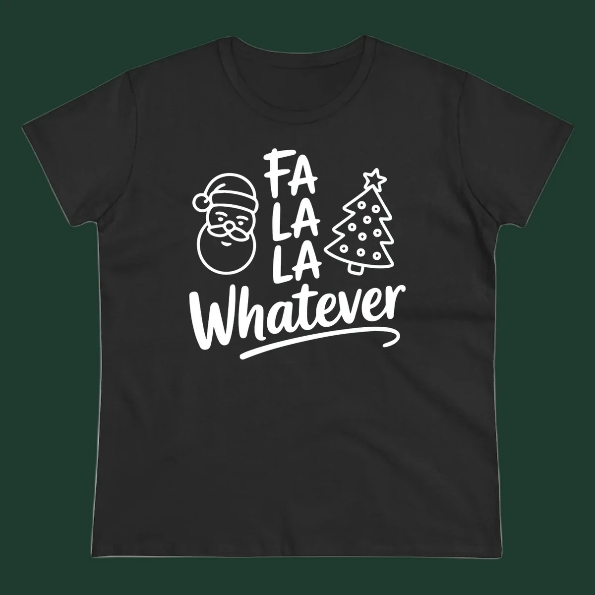 Fa la la whatever christmas design with Santa and tree illustration.