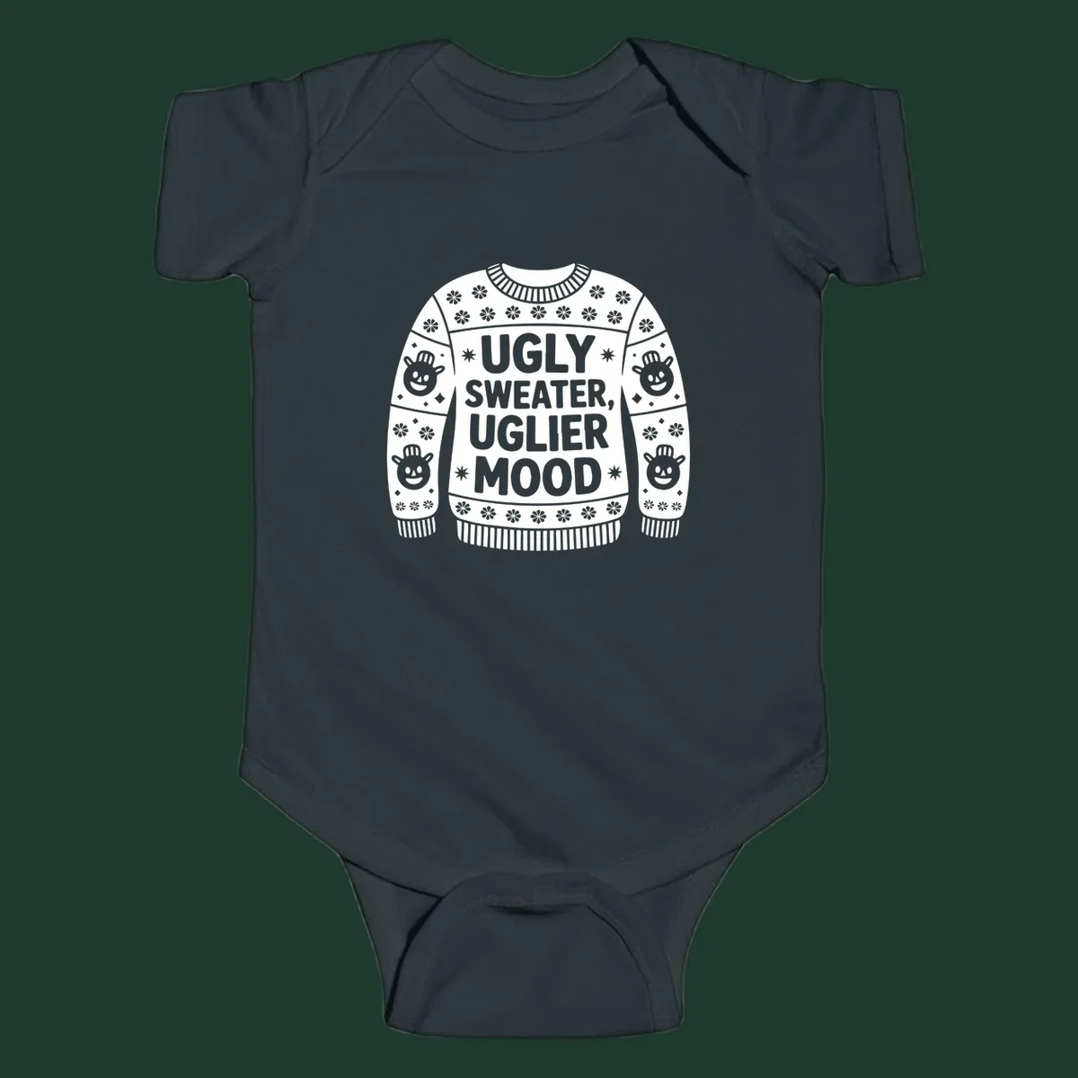 Ugly sweater graphic with text 'UGLY SWEATER, UGLIER MOOD' and snowman faces.