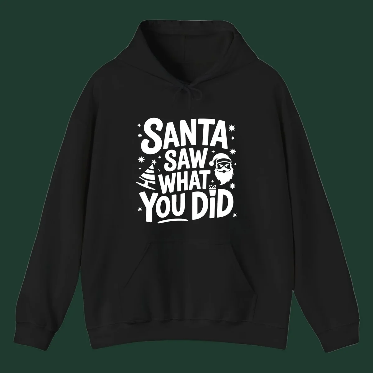 Santa saw what you did graphic t-shirt with Santa, tree, gift, and stars.
