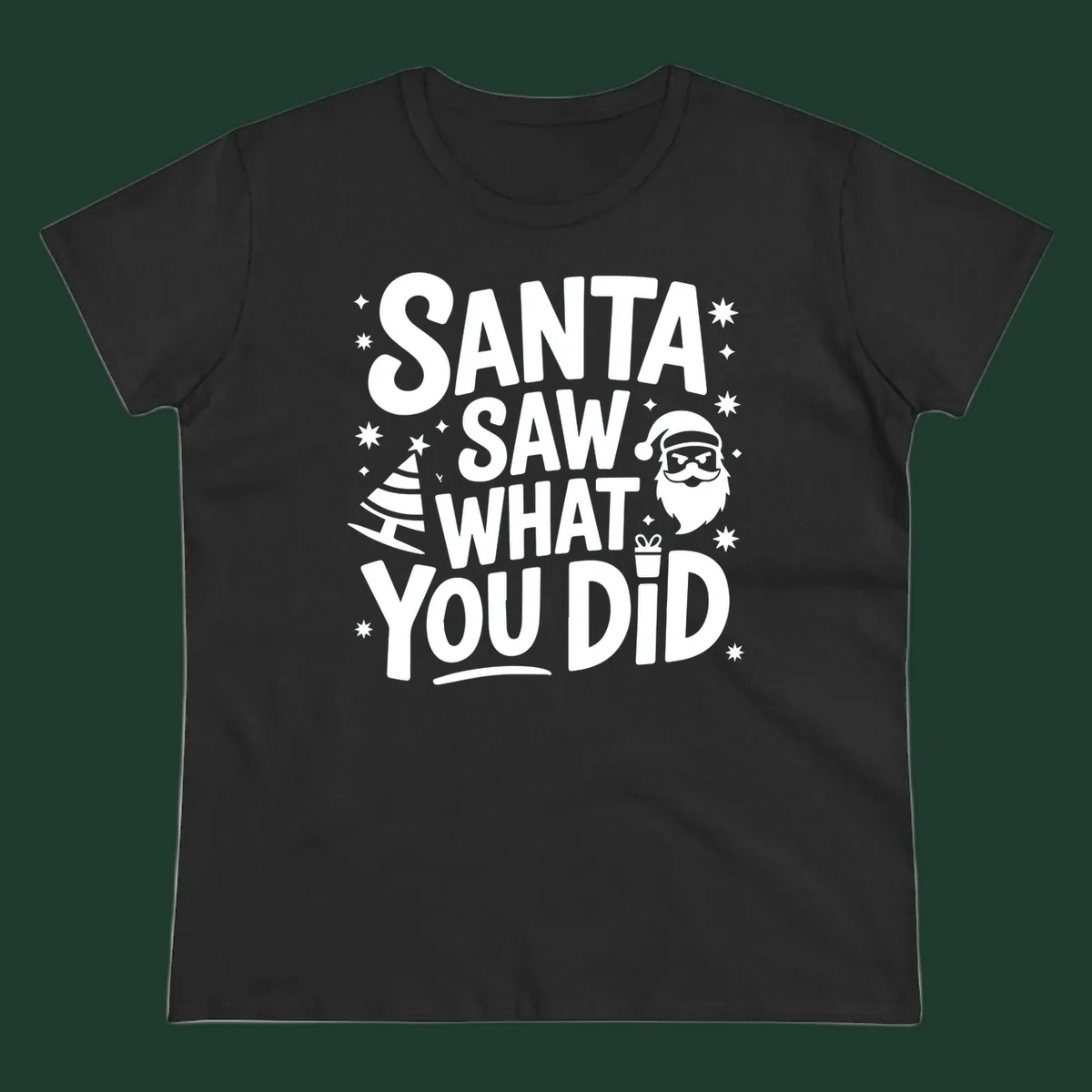 Santa saw what you did graphic t-shirt with Santa, tree, gift, and stars.