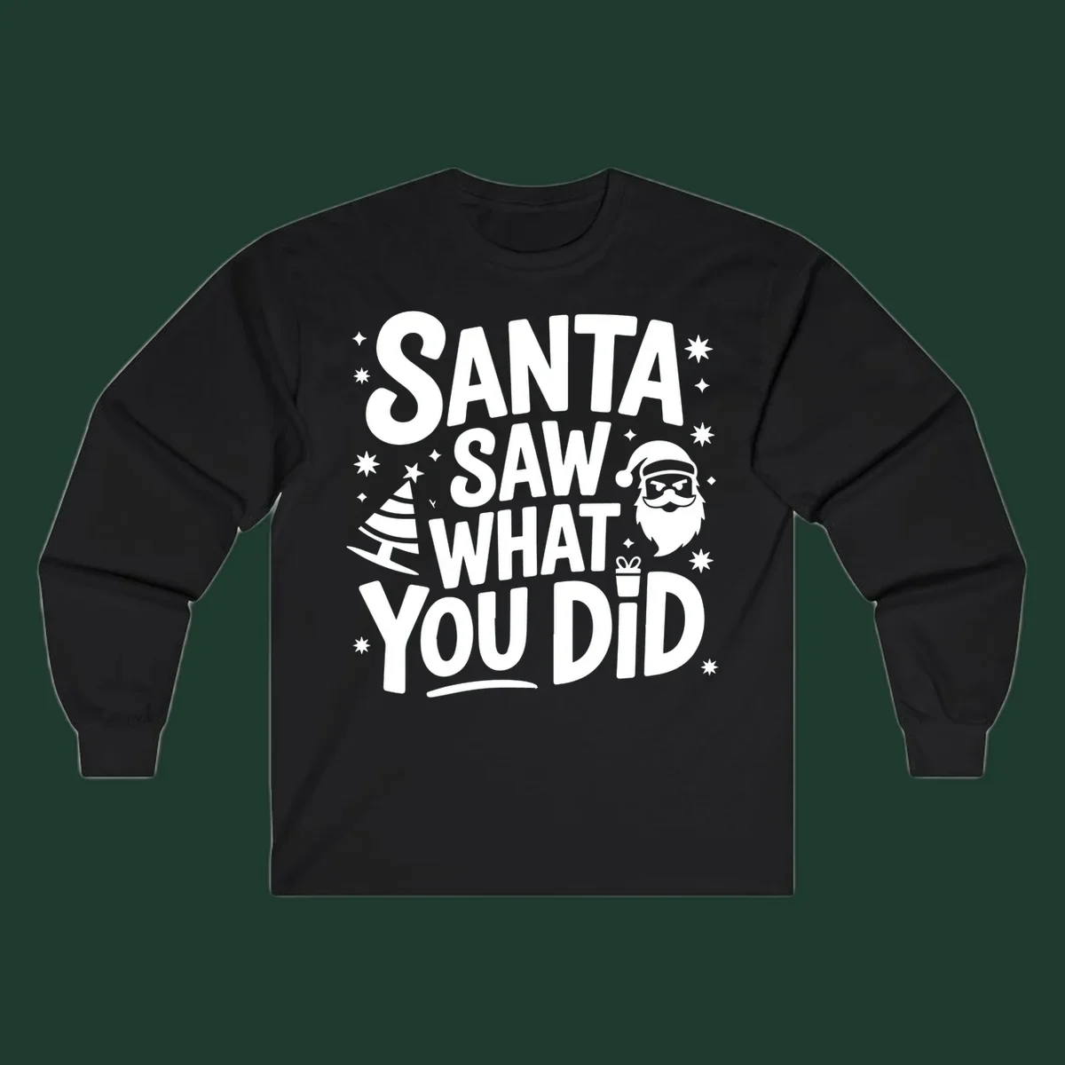 Santa saw what you did graphic t-shirt with Santa, tree, gift, and stars.